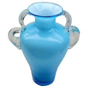 Vintage Hand Blown Art Glass Cased Blue Urn Vase Applied Clear Double Handles